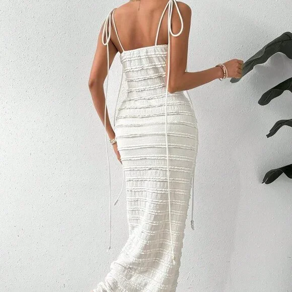 White Boho Womens Knotted Shoulder Cami Bodycon Dress - Picture 2 of 5